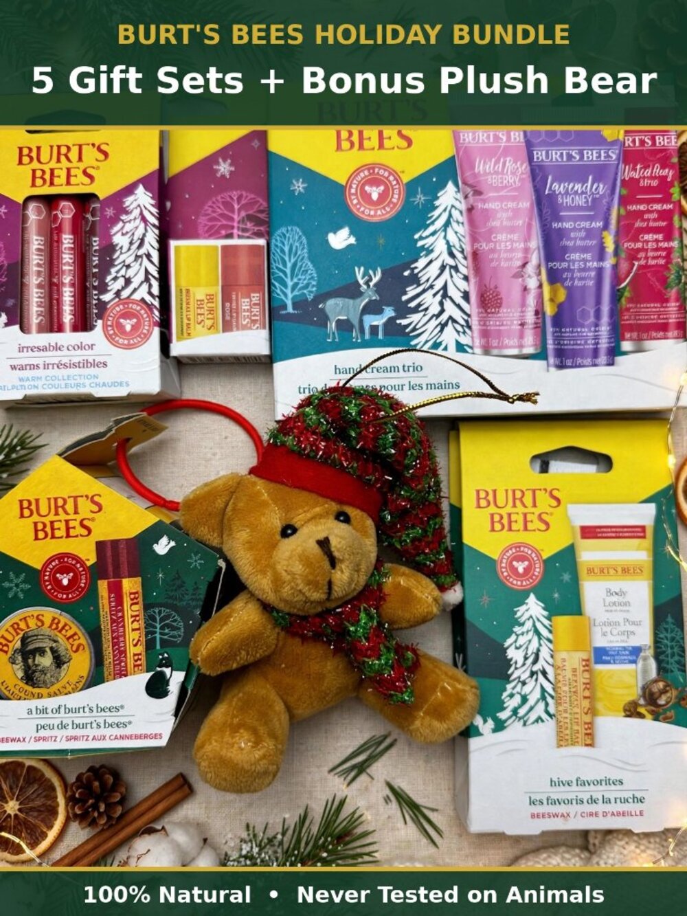 Super Burt's Bees 5 gift packs Bundle with bonus holiday Plush Bear